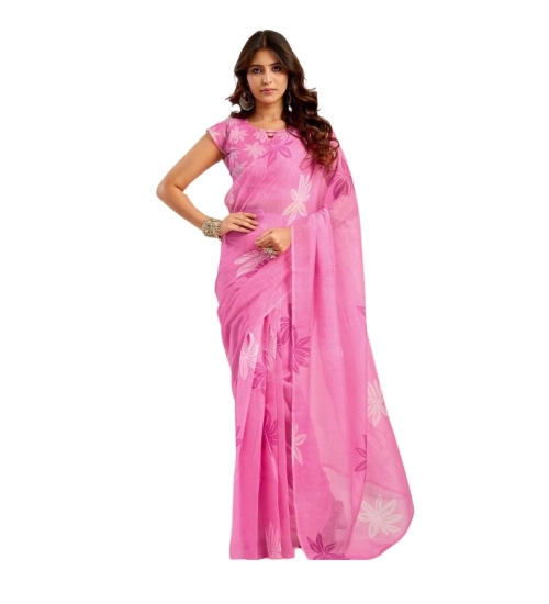 Women's Linen Cotton Printed Ready To Wear Saree With Unstitched Blouse 5.5 Mtr (Light_Pink)
