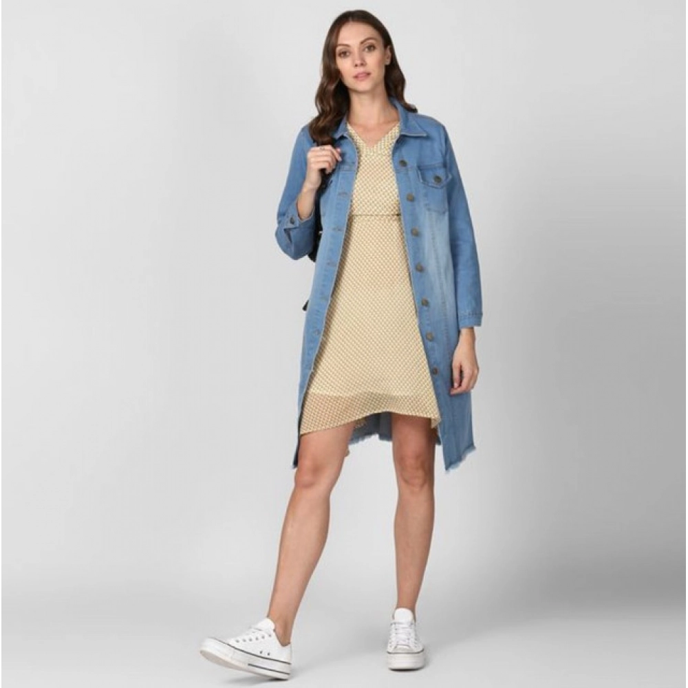 Women's Denim Washed Long Sleeves Jacket (Blue)
