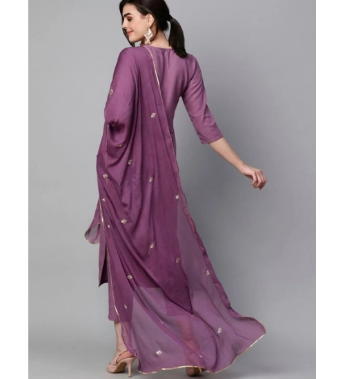 Women's Tesla Silk Embroidered U-Neck Kurti With Pant Dupatta Set (Light Purple)