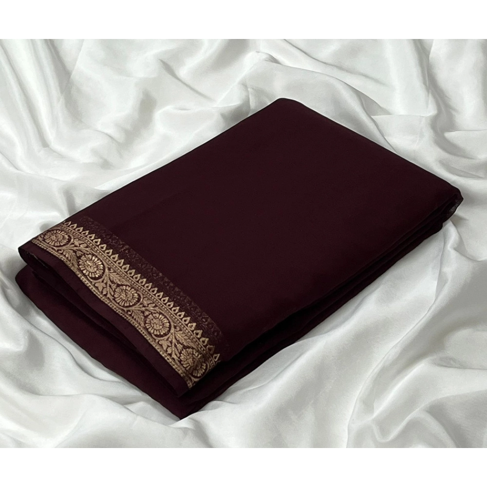 Women's Crepe Chit Pallu Solid Saree With Unstitched Blouse 5.5Mtr (Brown)