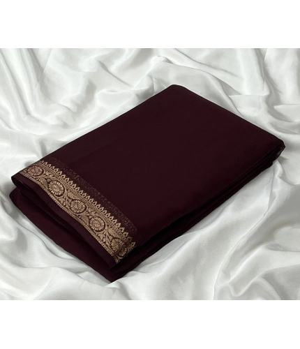 Women's Crepe Chit Pallu Solid Saree With Unstitched Blouse 5.5Mtr (Brown)