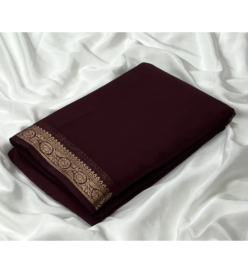 Women's Crepe Chit Pallu Solid Saree With Unstitched Blouse 5.5Mtr (Brown)