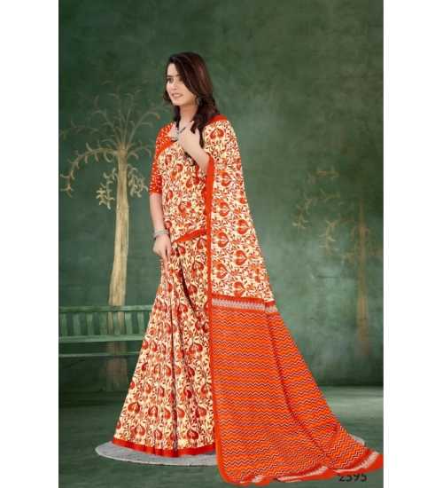 Women's Soft Pure Cotton Printed Saree With Unstitched Blouse 5.5Mtr (Orange)