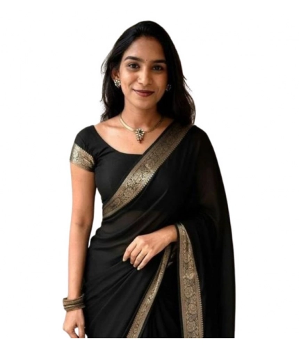 Women's Vichitra Silk Printed Saree With Unstitched Blouse 5.5Mtr (Black)