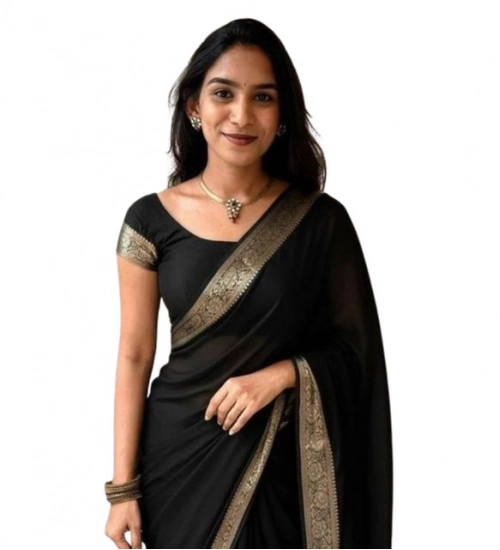 Women's Vichitra Silk Printed Saree With Unstitched Blouse 5.5Mtr (Black)