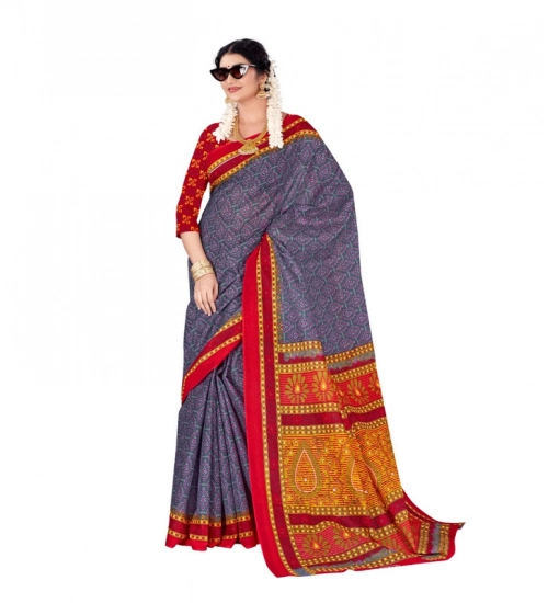 Women's Soft Pure Cotton Printed Saree With Unstitched Blouse 5.5Mtr (Grey)