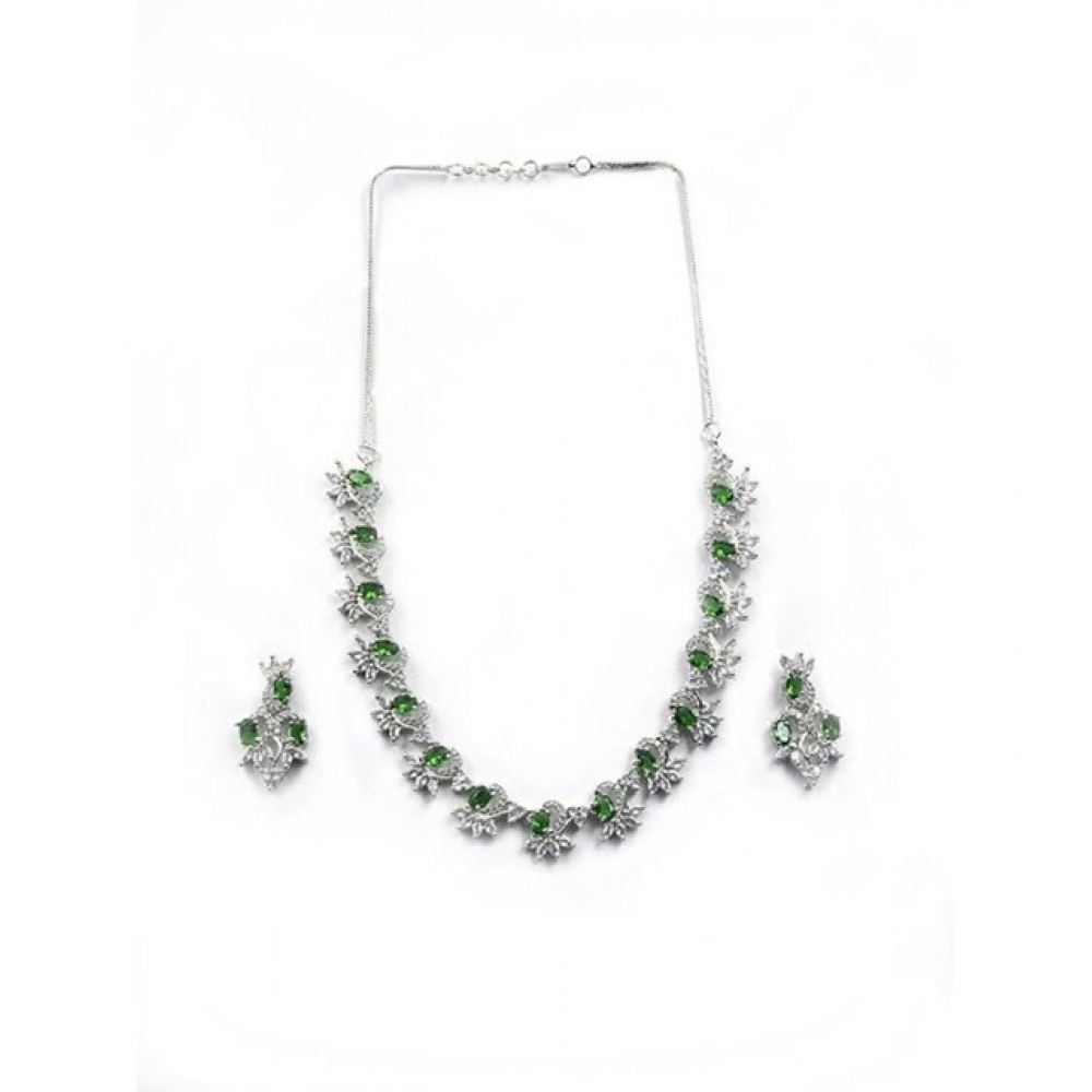 Women's Brass Silver Plated Necklace set (Green)