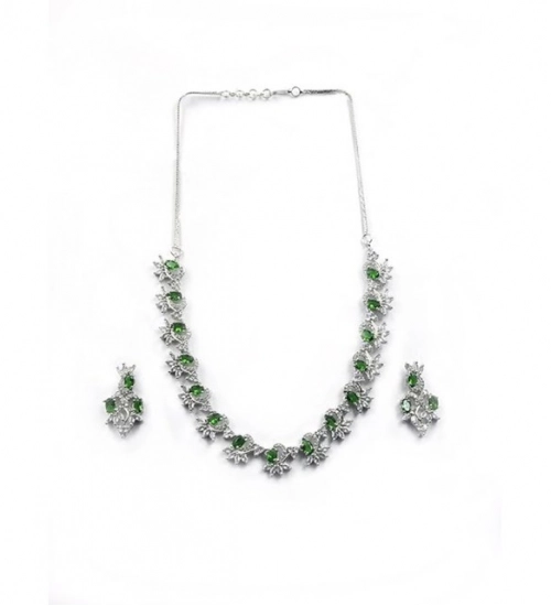 Women's Brass Silver Plated Necklace set (Green)