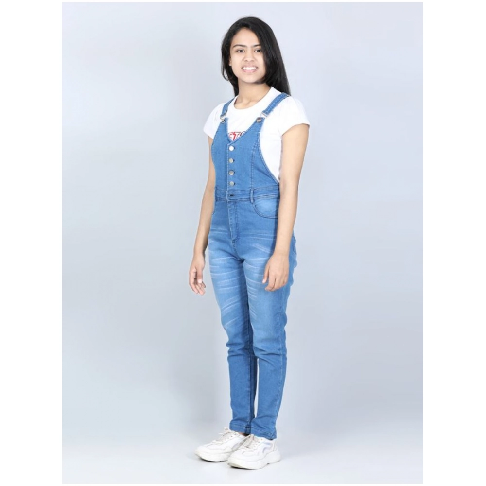 Girl's Denim Solid Buttoned Dungaree (Blue) Girl's Denim Solid Buttoned Dungaree (Blue)