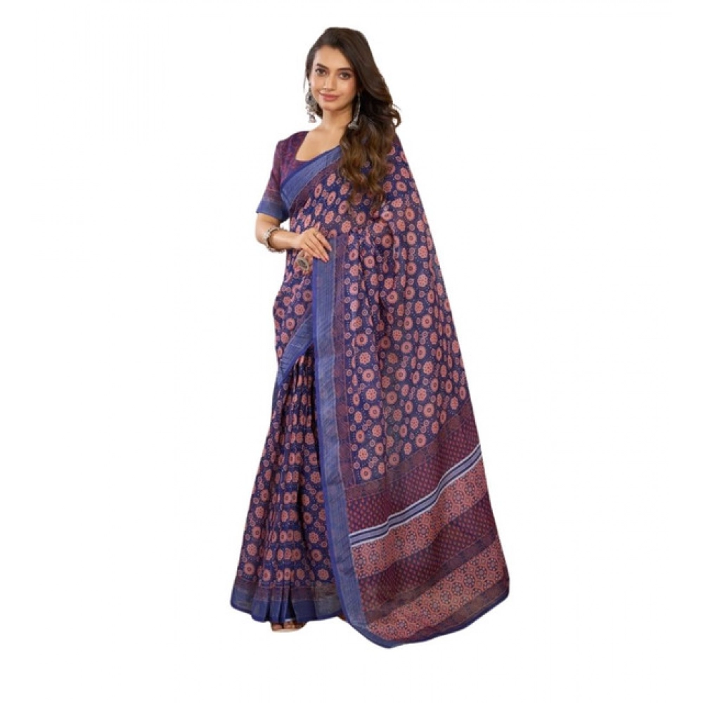 Women's Linen Cotton Printed Ready To Wear Saree With Unstitched Blouse 5.5 Mtr (Dark_Navy_Blue)