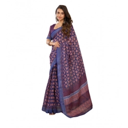 Women's Linen Cotton Printed Ready To Wear Saree With Unstitched Blouse 5.5 Mtr (Dark_Navy_Blue)