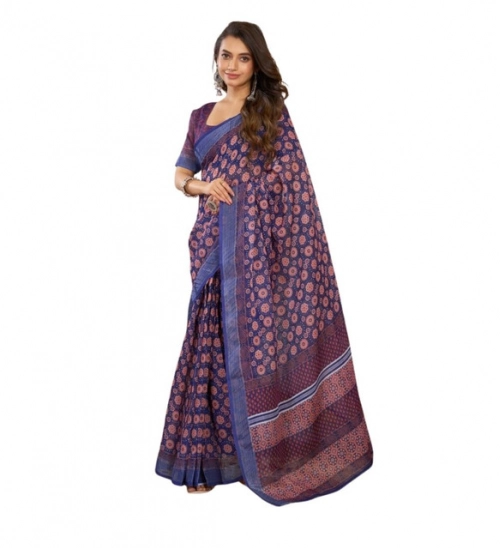 Women's Linen Cotton Printed Ready To Wear Saree With Unstitched Blouse 5.5 Mtr (Dark_Navy_Blue)