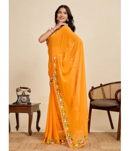 Women's Georgette Printed Saree With Unstitched Blouse 5.5Mtr (Yellow)