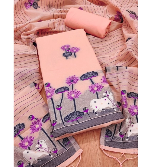 Women's Banarasi Silk Printed Unstitched Salwar Suit Material With Dupatta (Peach, 3Mtrs)