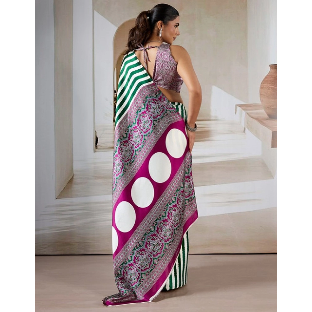 Women's Satin Crepe Printed Saree With Unstitched Blouse 5.5Mtr (Green)