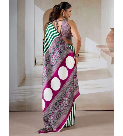 Women's Satin Crepe Printed Saree With Unstitched Blouse 5.5Mtr (Green)