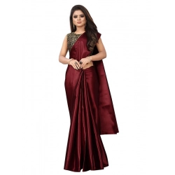 Women's Satin Printed Saree With Unstitched Blouse 5.5Mtr (Maroon)