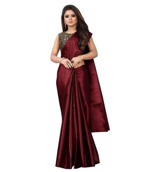 Women's Satin Printed Saree With Unstitched Blouse 5.5Mtr (Maroon)