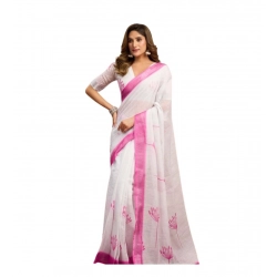 Women's Linen Cotton Printed Ready To Wear Saree With Unstitched Blouse 5.5 Mtr (Light_White)