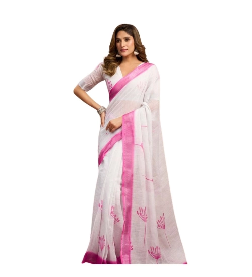 Women's Linen Cotton Printed Ready To Wear Saree With Unstitched Blouse 5.5 Mtr (Light_White)