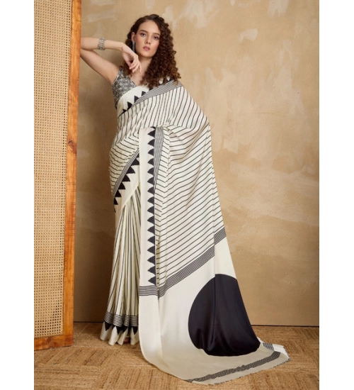 Women's Satin Crepe Printed Saree With Unstitched Blouse 5.5Mtr (White)