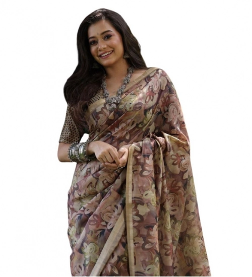 Women's Faux_Tussar_Silk Abstract_Print Saree With Unstitched Blouse 5.5Mtr (Brown) Women's Faux_Tussar_Silk Abstract_Print Saree With Unstitched Blouse 5.5Mtr (Brown)