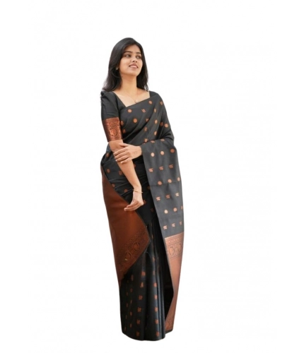 Women's Soft Lichi Silk Printed Saree With Unstitched Blouse 5.5Mtr (Black)