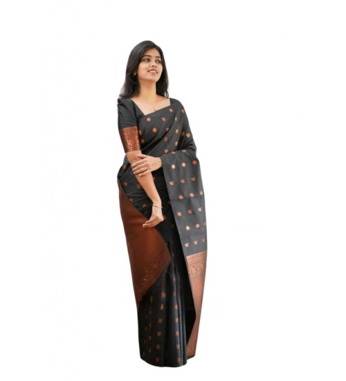 Women's Soft Lichi Silk Printed Saree With Unstitched Blouse 5.5Mtr (Black)