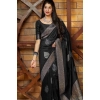 Dropship Women's Litchi silk Printed Saree With Unstitched Blouse (Black)