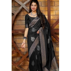 Women's Litchi silk Printed Saree With Unstitched Blouse (Black)