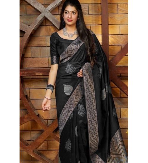 Women's Litchi silk Printed Saree With Unstitched Blouse (Black)