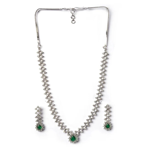 Women's Brass Silver Plated Necklace set (Green)