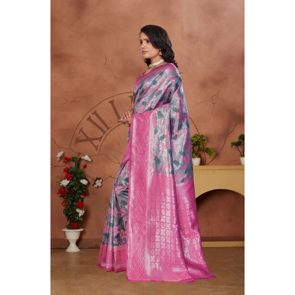 Women's Banarasi Silk Jaquard Woven Saree With Unstitched Blouse 5.5Mtr (Pink)