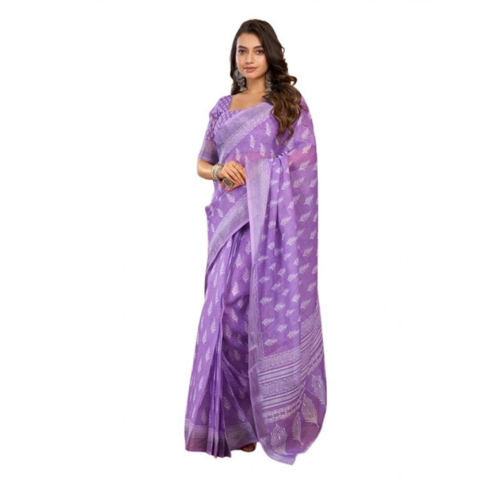Women's Linen Cotton Printed Ready To Wear Saree With Unstitched Blouse 5.5 Mtr (Lavender)