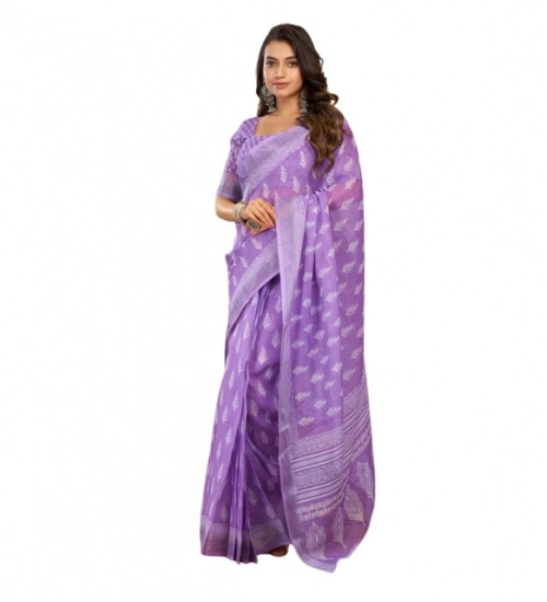 Women's Linen Cotton Printed Ready To Wear Saree With Unstitched Blouse 5.5 Mtr (Lavender)