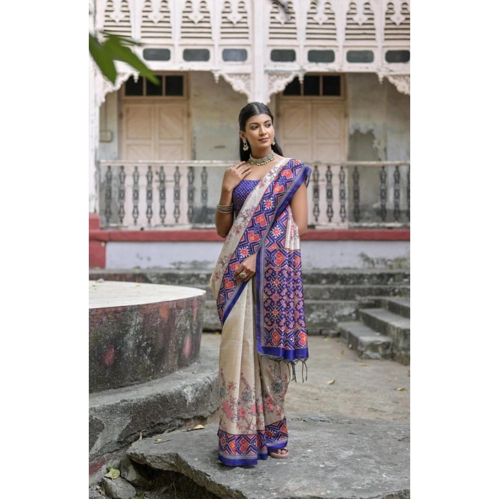 Women's Faux_Tussar Floral Jal With Patola Print Saree With Unstitched Blouse 5.5Mtr (Blue) Women's Faux_Tussar Floral Jal With Patola Print Saree With Unstitched Blouse 5.5Mtr (Blue)
