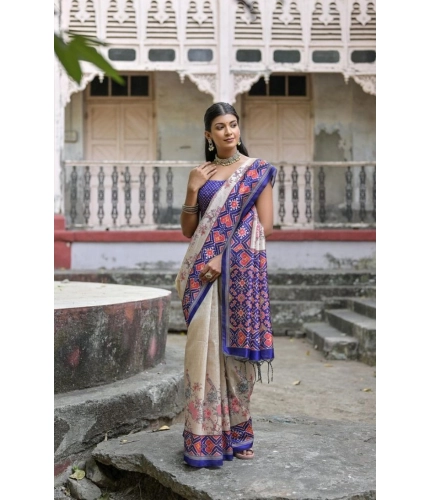 Women's Faux_Tussar Floral Jal With Patola Print Saree With Unstitched Blouse 5.5Mtr (Blue)