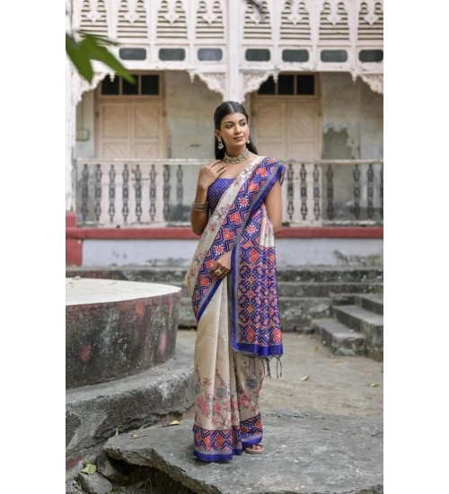 Women's Faux_Tussar Floral Jal With Patola Print Saree With Unstitched Blouse 5.5Mtr (Blue)