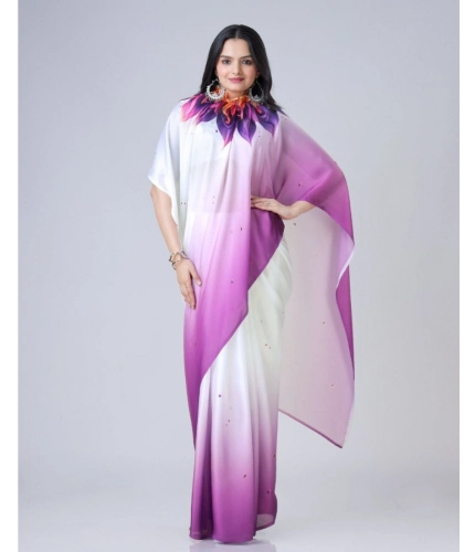 Women's Soft Crepe Silk Printed Ready To Wear Saree With Unstitched Blouse 5.5Mtr (Purple)