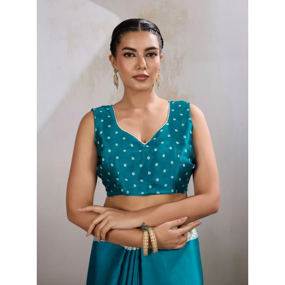 Women's Satin Crepe Printed Saree With Unstitched Blouse 5.5Mtr (Sky Blue)