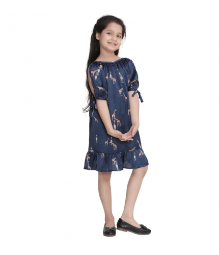Girl's Satin Animal Print Sleeveless Dress (Blue)