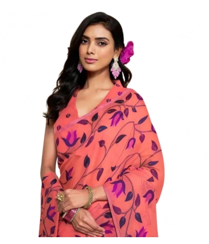 Women's Georgette Printed Saree With Unstitched Blouse 5.5Mtr (Peach)