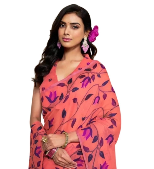 Women's Georgette Printed Saree With Unstitched Blouse 5.5Mtr (Peach)