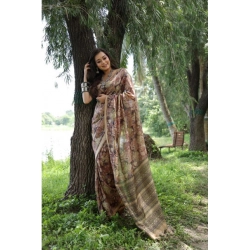 Women's Faux_Tussar_Silk Abstract_Print Saree With Unstitched Blouse 5.5Mtr (Brown)