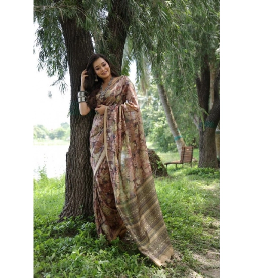 Women's Faux_Tussar_Silk Abstract_Print Saree With Unstitched Blouse 5.5Mtr (Brown)
