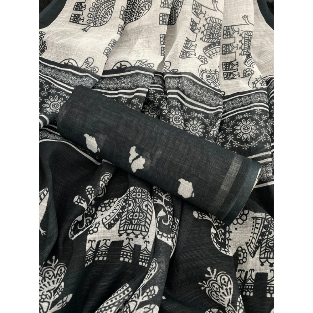 Women's Linen Cotton Printed Saree With Unstitched Blouse 5.5Mtr (Black)