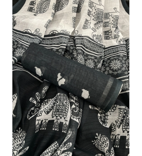 Women's Linen Cotton Printed Saree With Unstitched Blouse 5.5Mtr (Black)