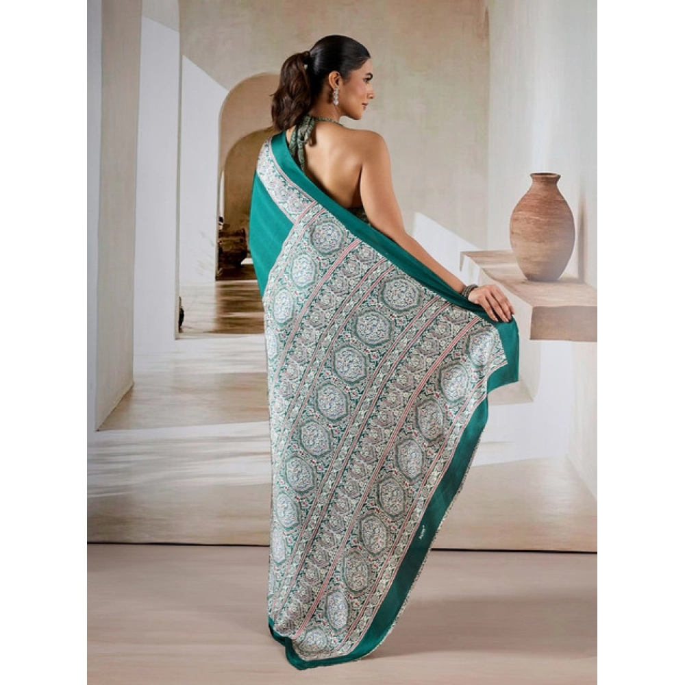 Women's Satin Crepe Printed Saree With Unstitched Blouse 5.5Mtr (Green)