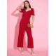 Women's Polyester Lycra Solid Puff Sleeve Jumpsuit (Red)