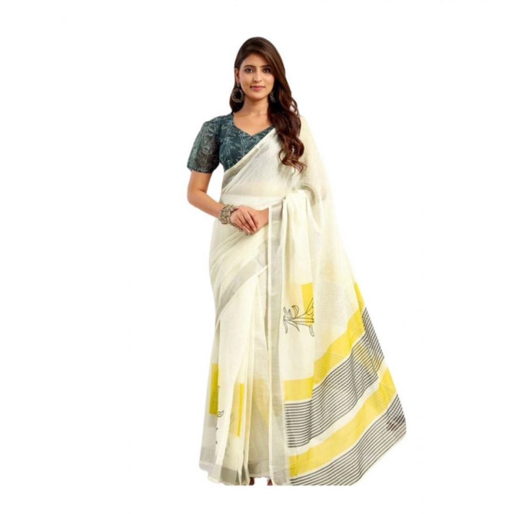 Women's Linen Cotton Printed Ready To Wear Saree With Unstitched Blouse 5.5 Mtr (Off_White)